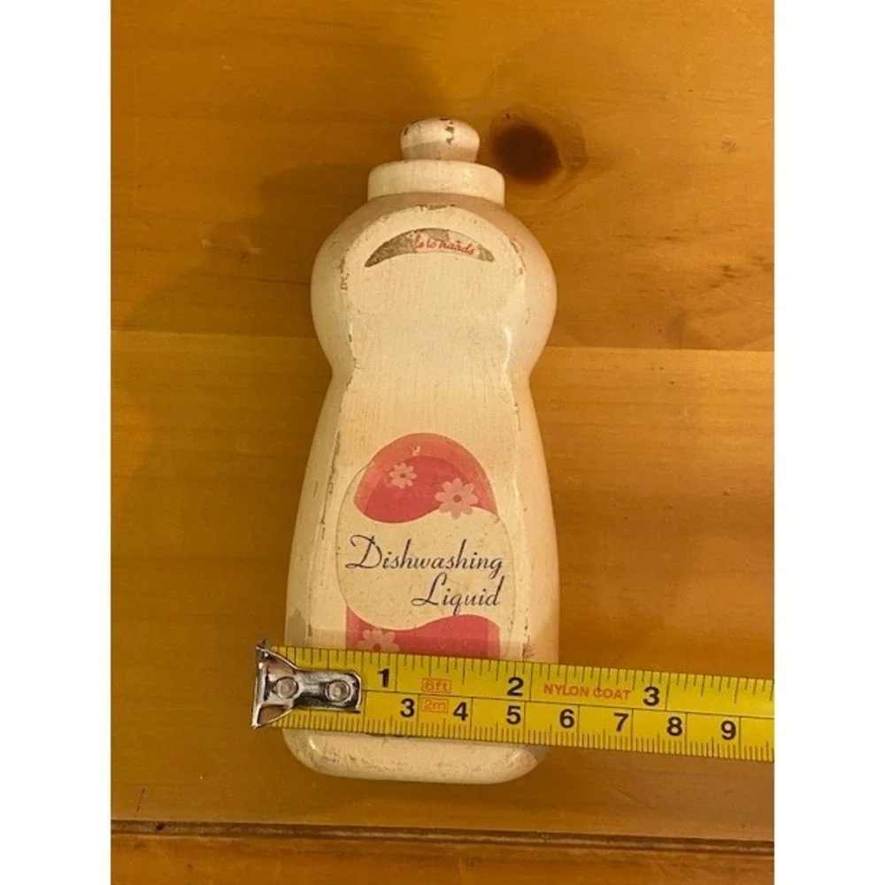 Vintage Wooden Play Food Dish Soap Bottle Pink Floral Label Kitchen Toy 5 Inch